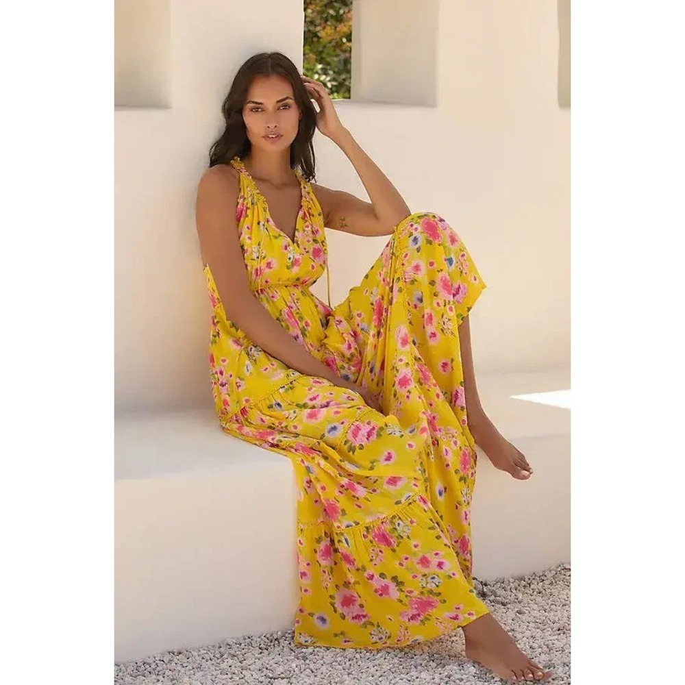 PQ Swim Kristine Tiered Maxi Dress Water Lily Lined V-Neckline Sleeveless $154
